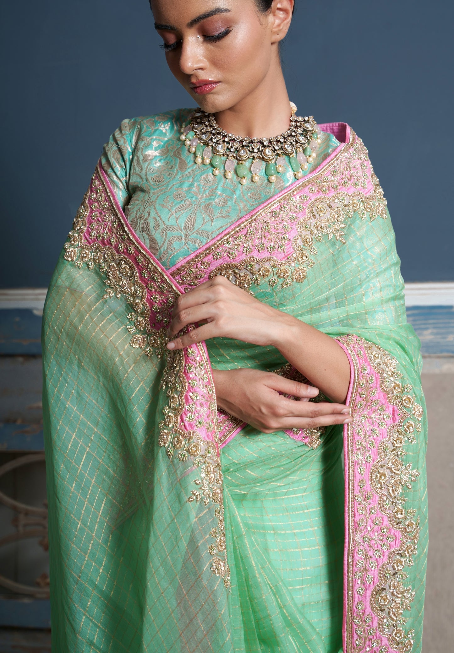 Tara -Jade Green Raw Silk Embroidered Saree With Banaras Blouse