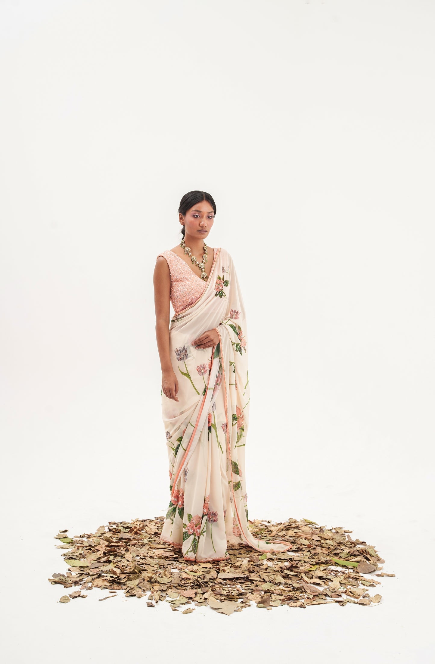 La Fleur-Beige Saree With Sequins Blouse