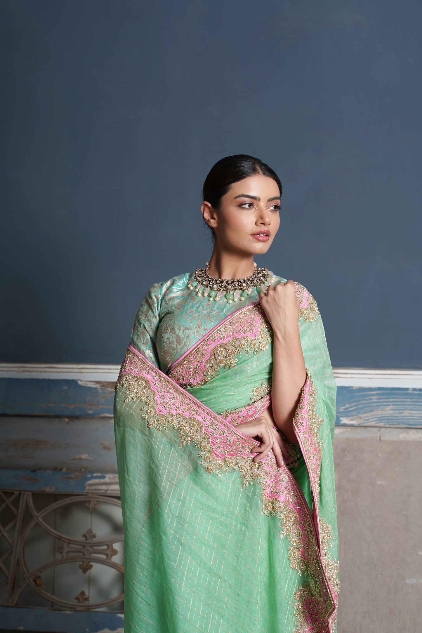 Tara -Jade Green Raw Silk Embroidered Saree With Banaras Blouse