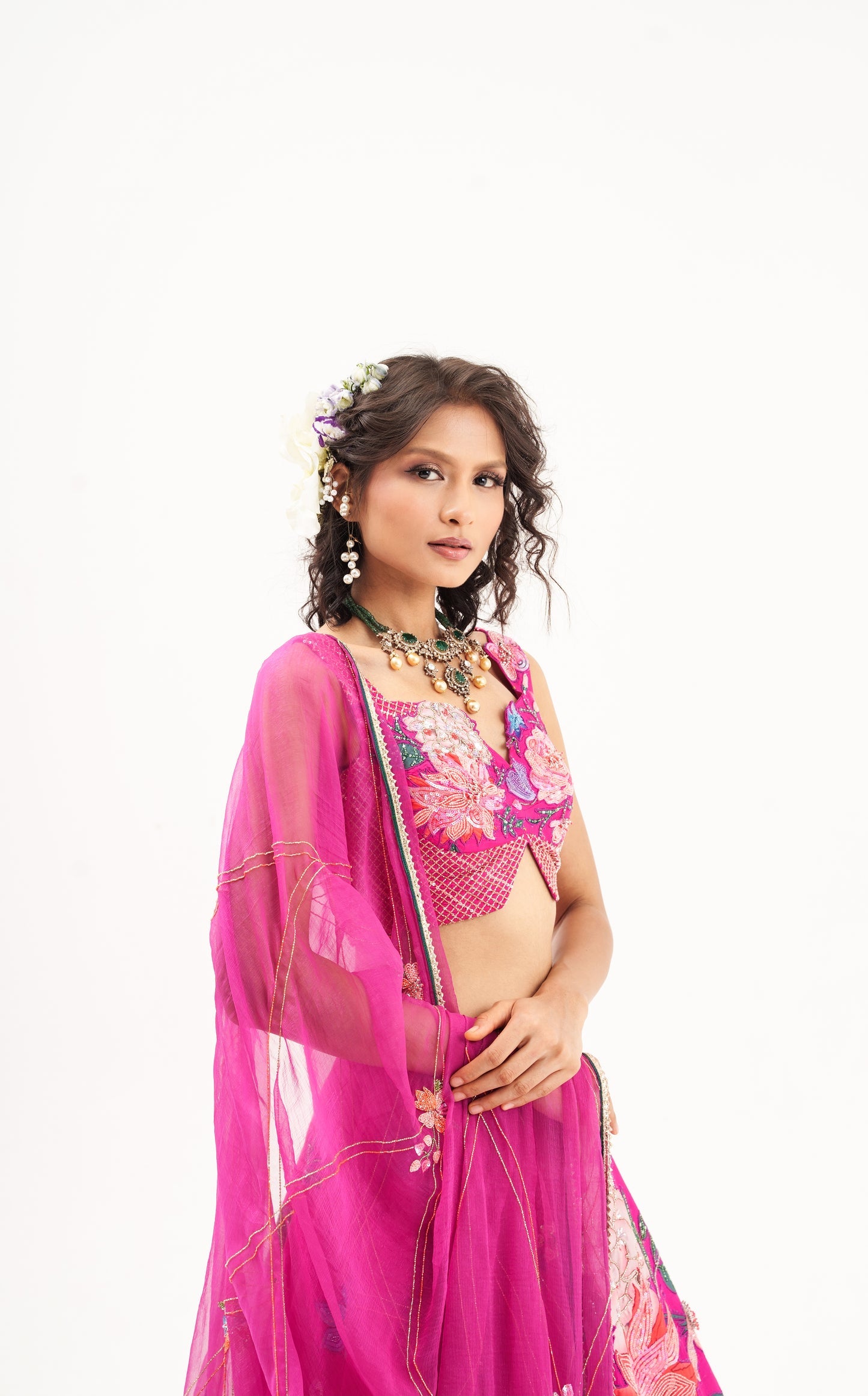 Ornate Nakshatra Fuschia Pink hand Embroidered Lehenga Set