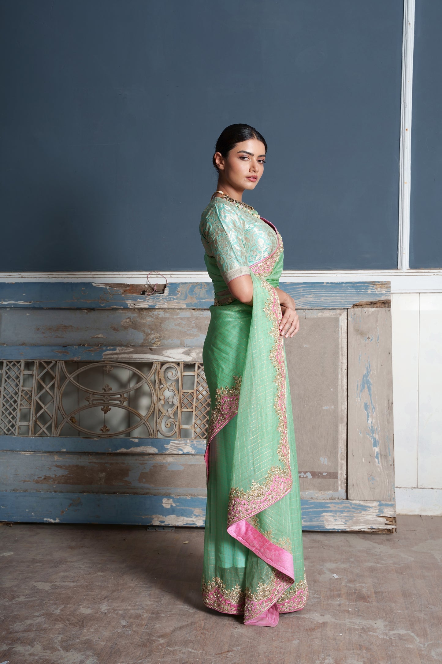 Tara -Jade Green Raw Silk Embroidered Saree With Banaras Blouse