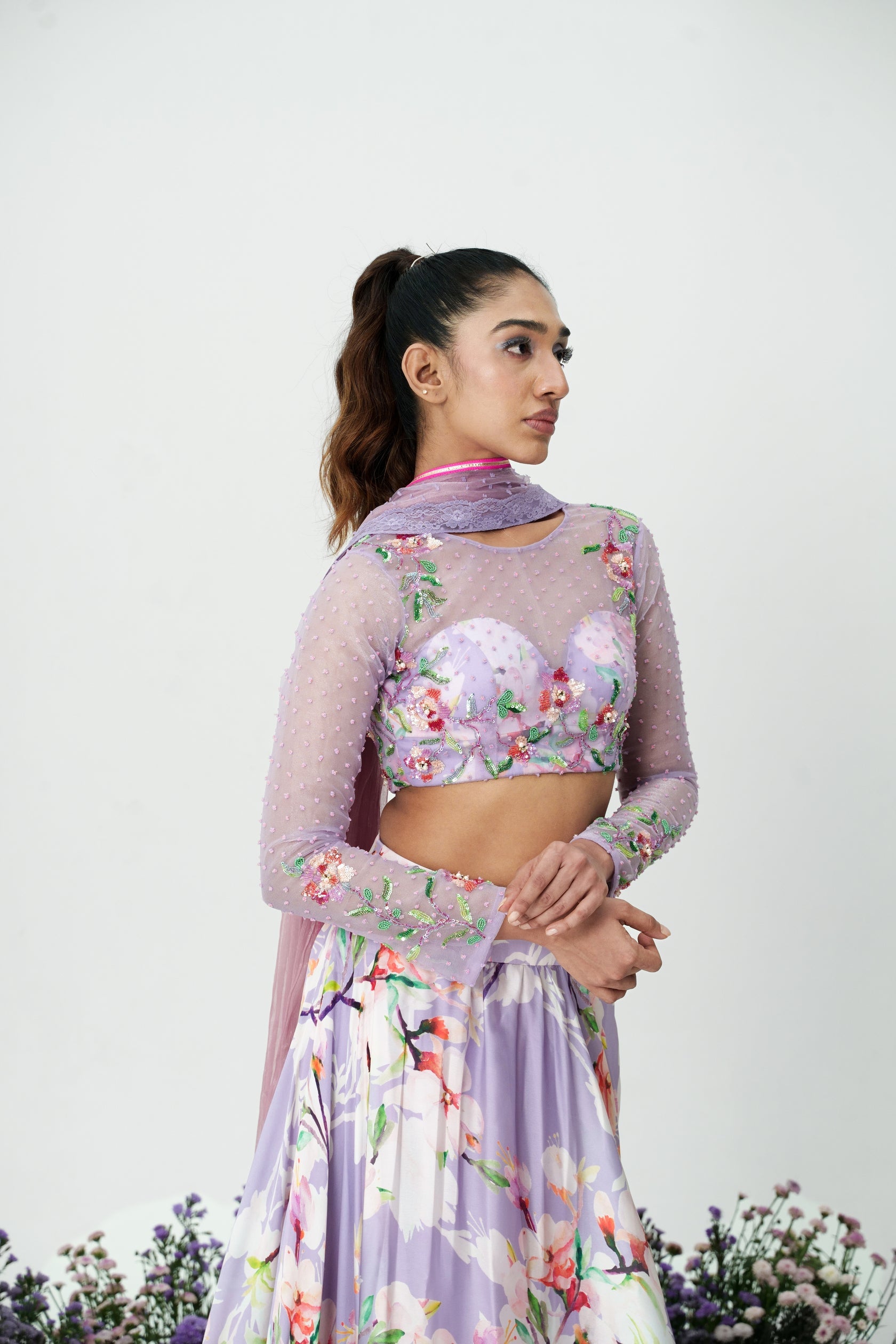 Lilium-Hand Embroidered Lilac Lehenga Set