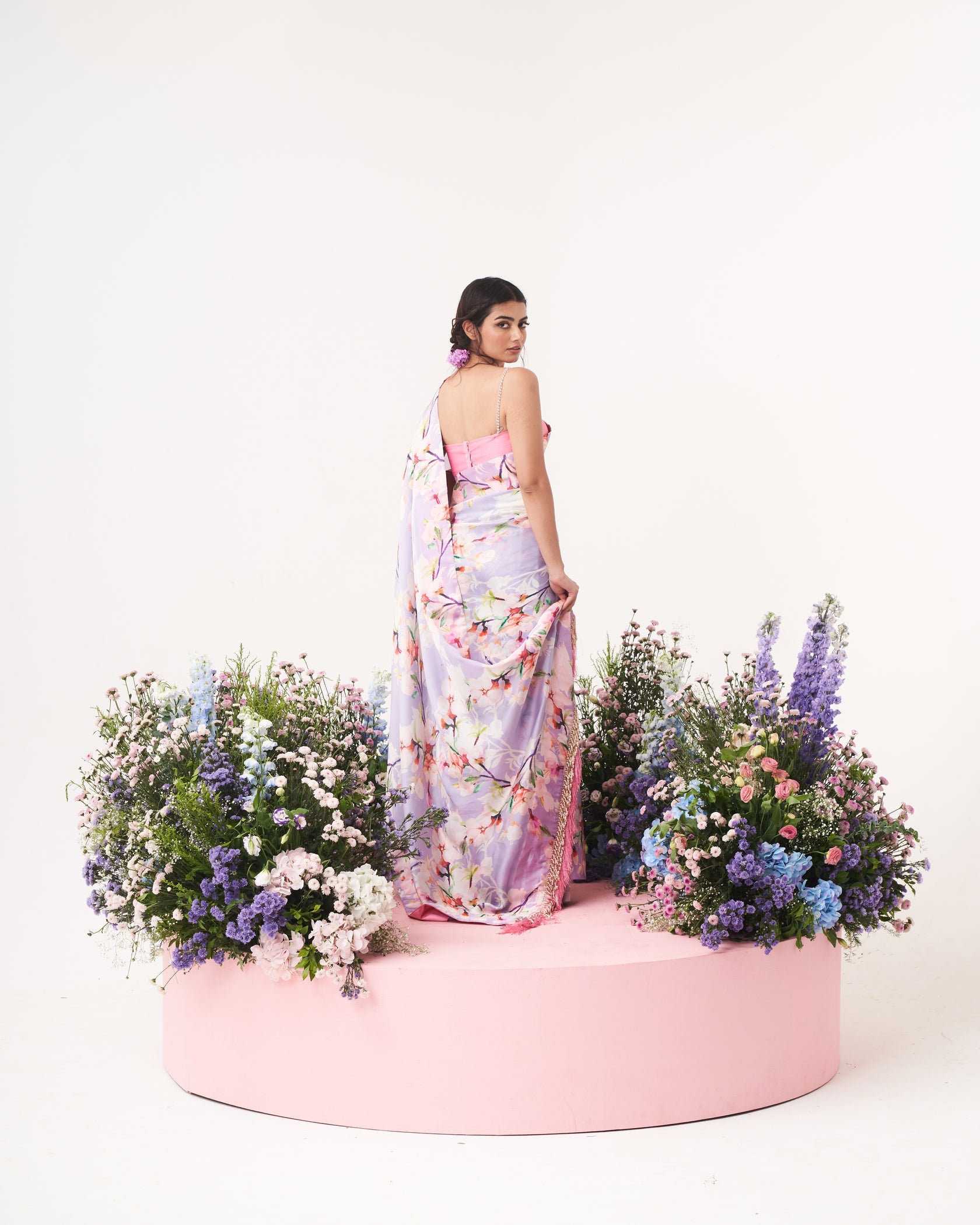 Lilium-Nakshatra Lilac Saree With Baby Pink Spaghetti Blouse