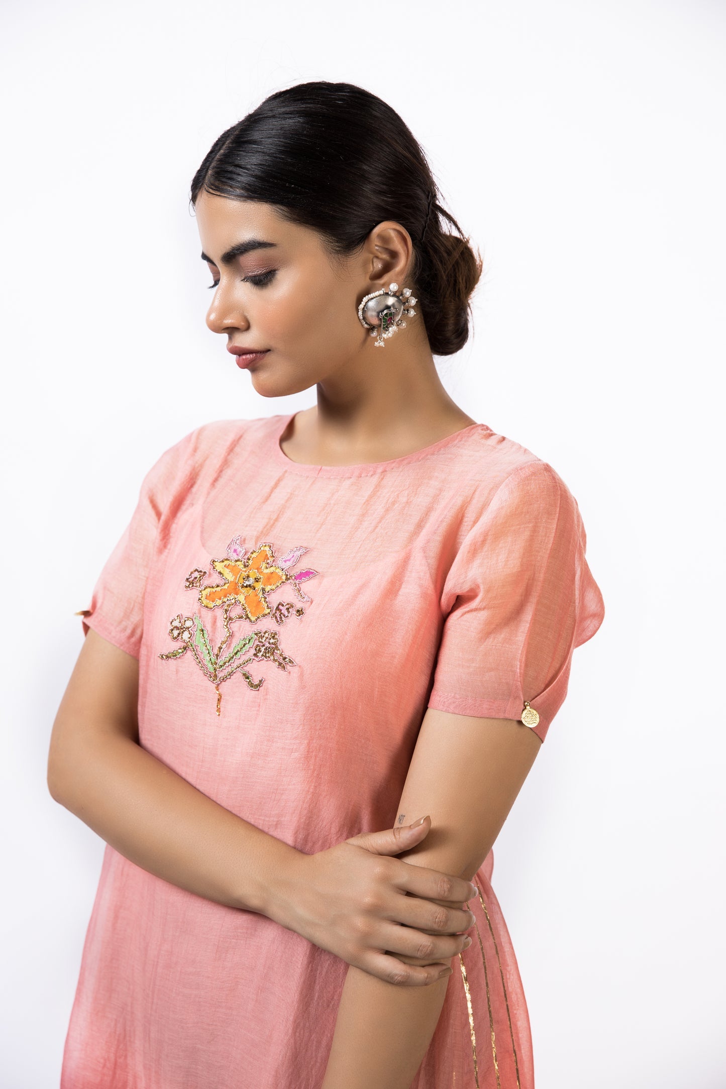 Coral Whispets And Dusty Grey Kurti Set