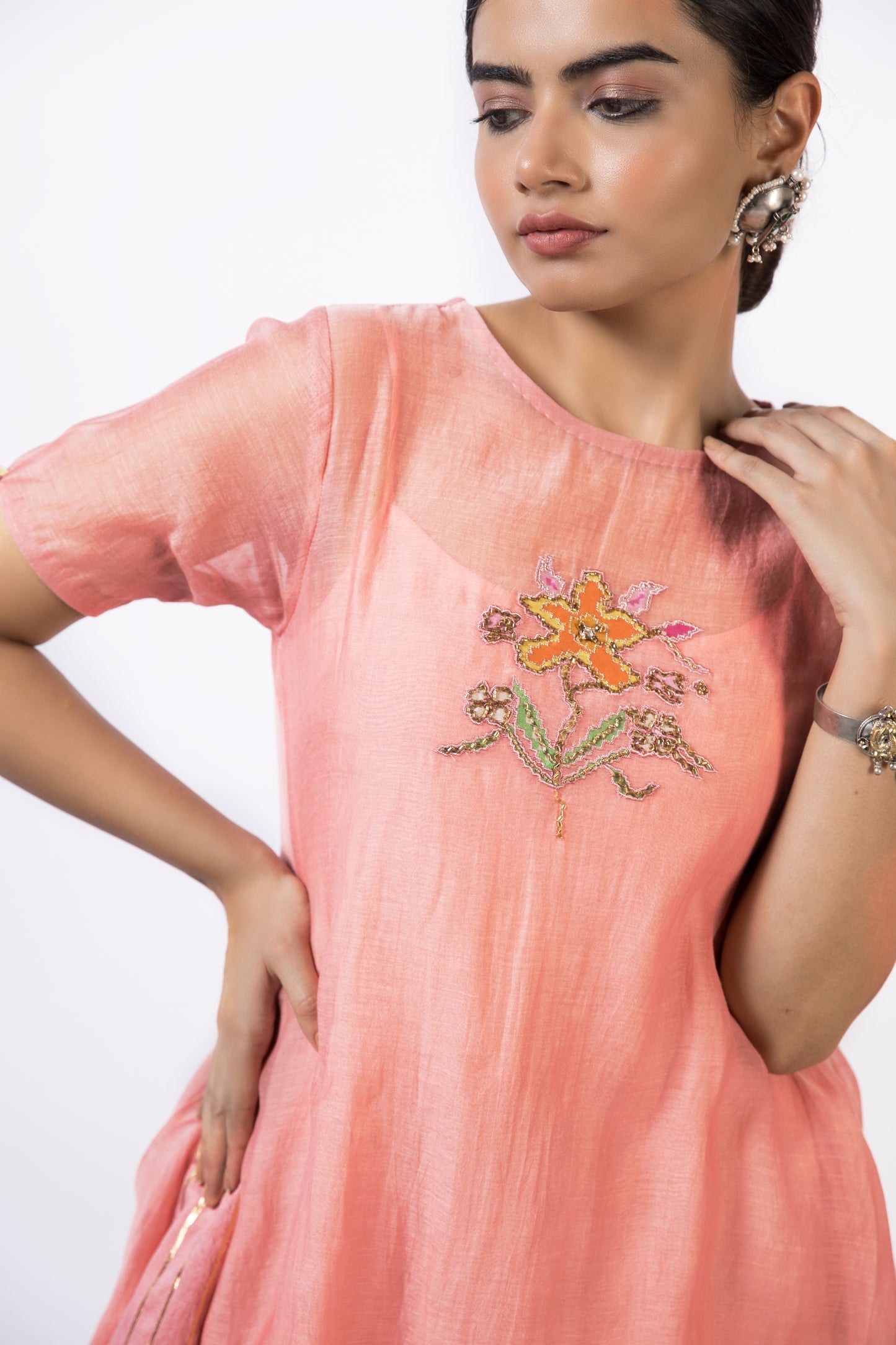 Coral Whispets And Dusty Grey Kurti Set