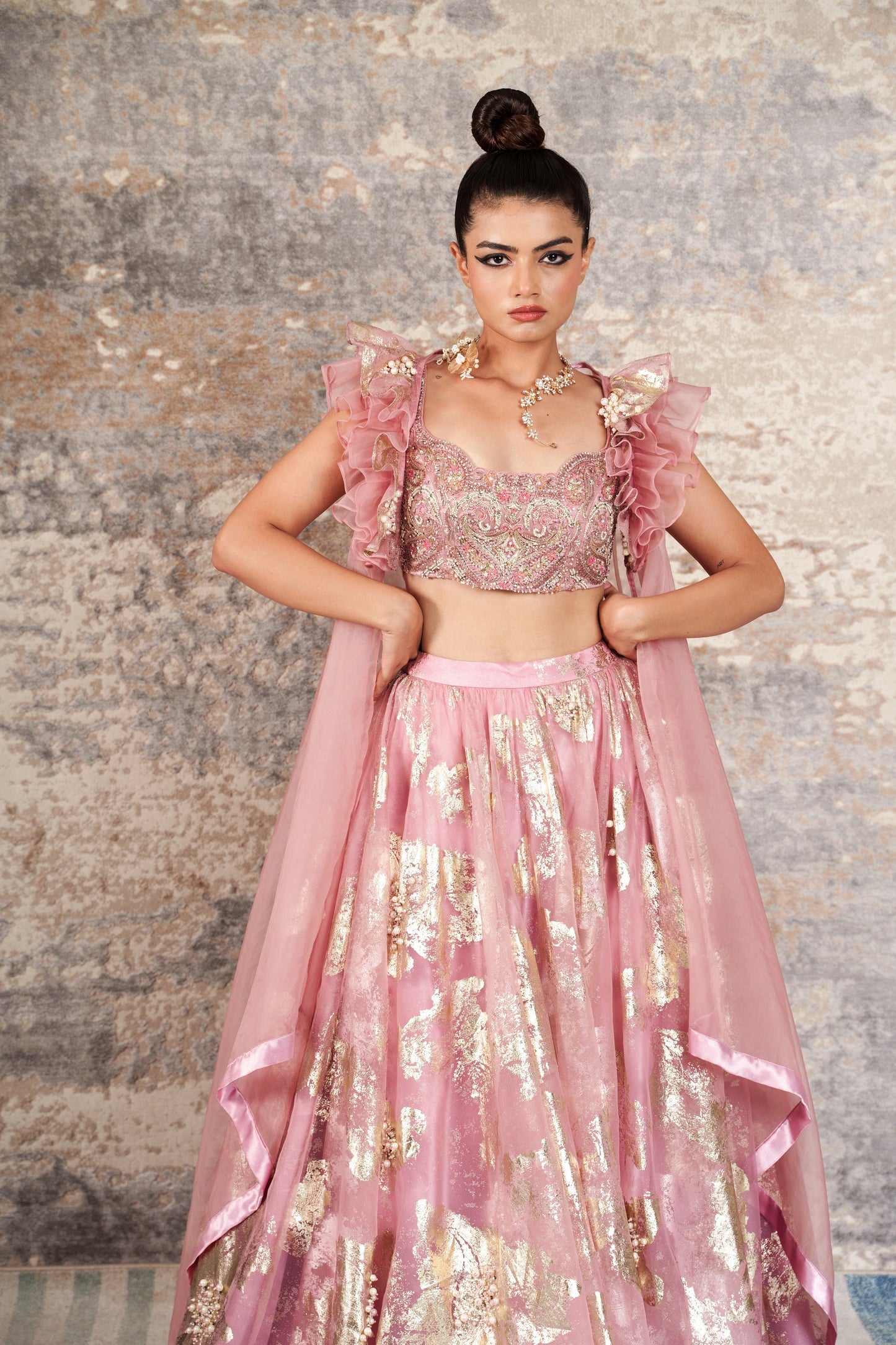 Charm Pink Intricate Hand Embroidered Lehenga With Overcoat