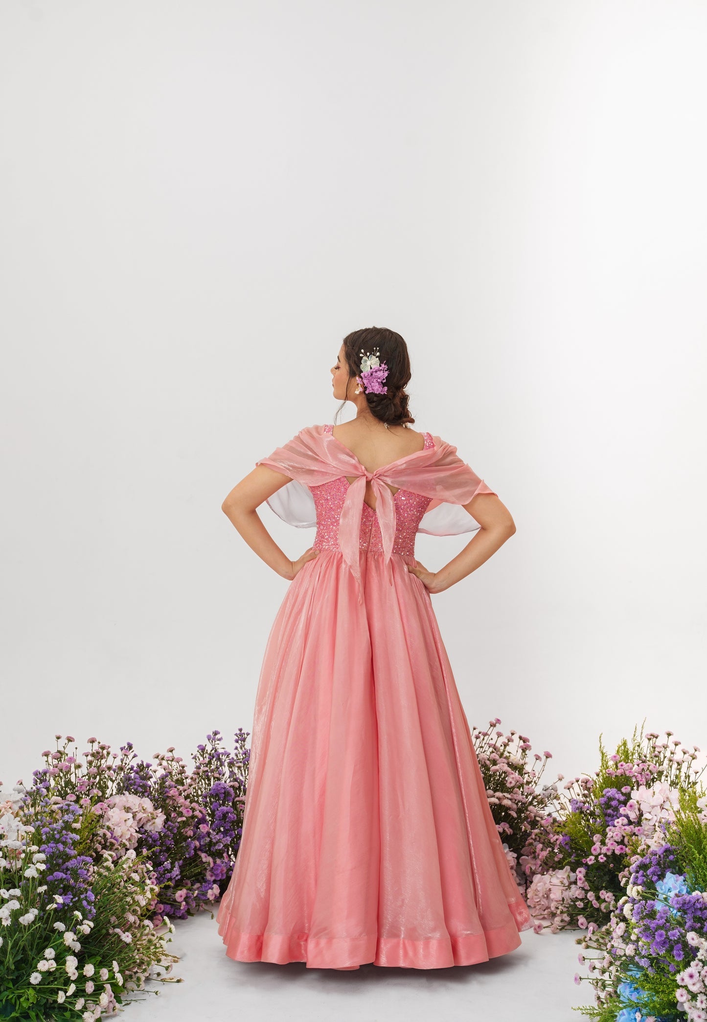 Cascade-Flamingo Pink Metallic Organza Dress