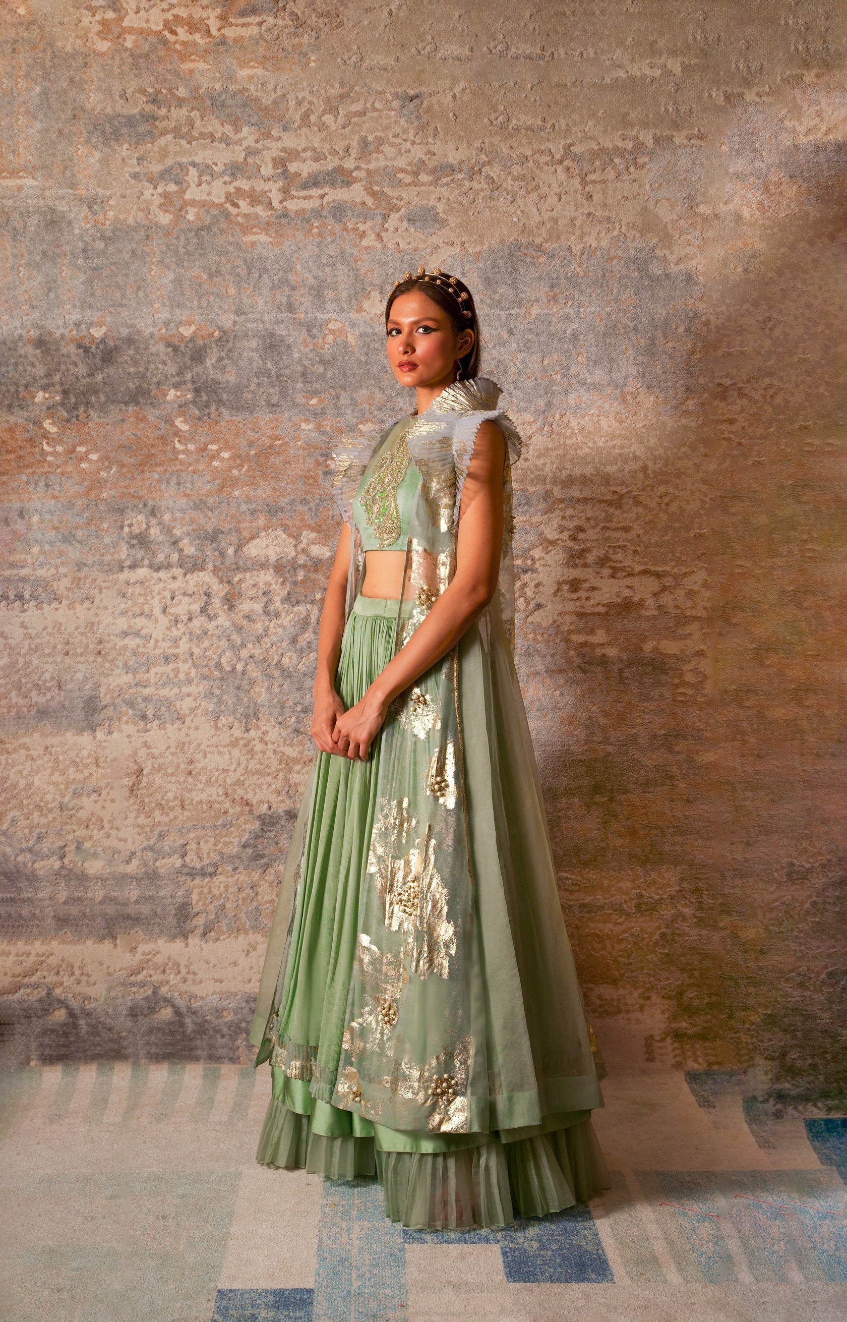 Dejouer-Nakshatra Pistachio Green Foil Print Hand Embroidered Lehenga With Overcoat