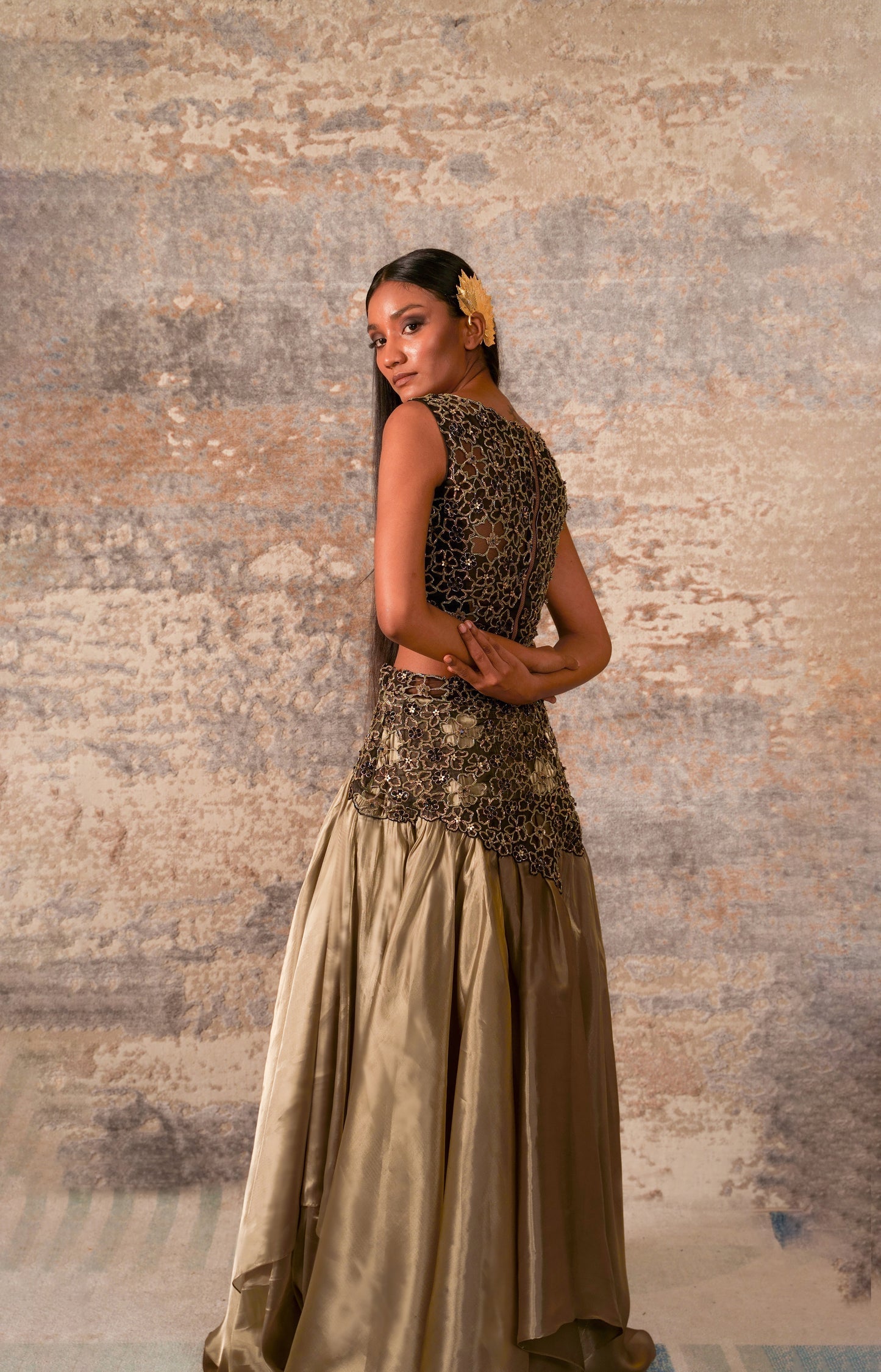 Traksh-Nakshatra Dusty Brown Mettalic Organza High Low Crop Top And Skirt Set