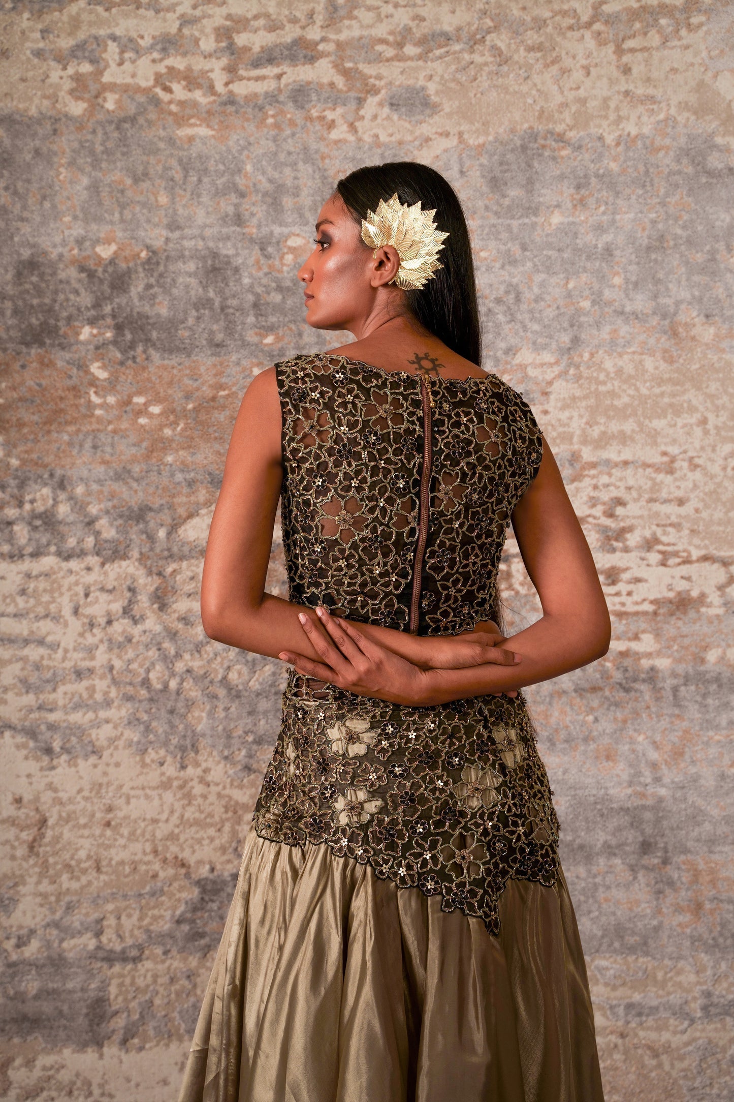 Traksh-Nakshatra Dusty Brown Mettalic Organza High Low Crop Top And Skirt Set