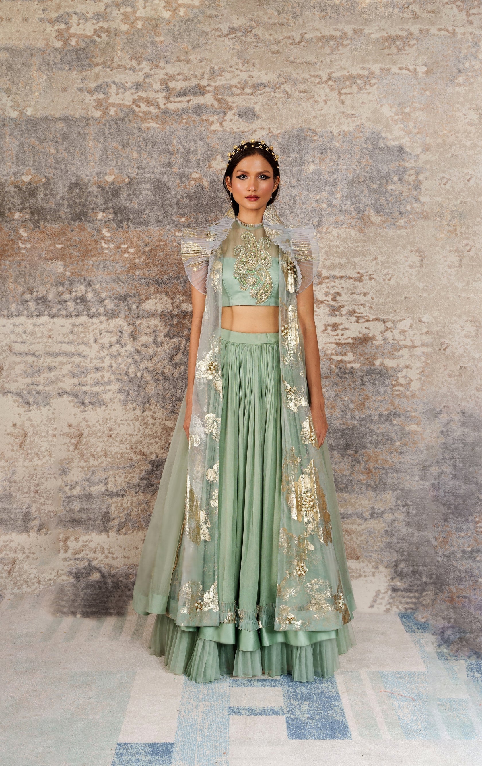 Dejouer-Nakshatra Pistachio Green Foil Print Hand Embroidered Lehenga With Overcoat