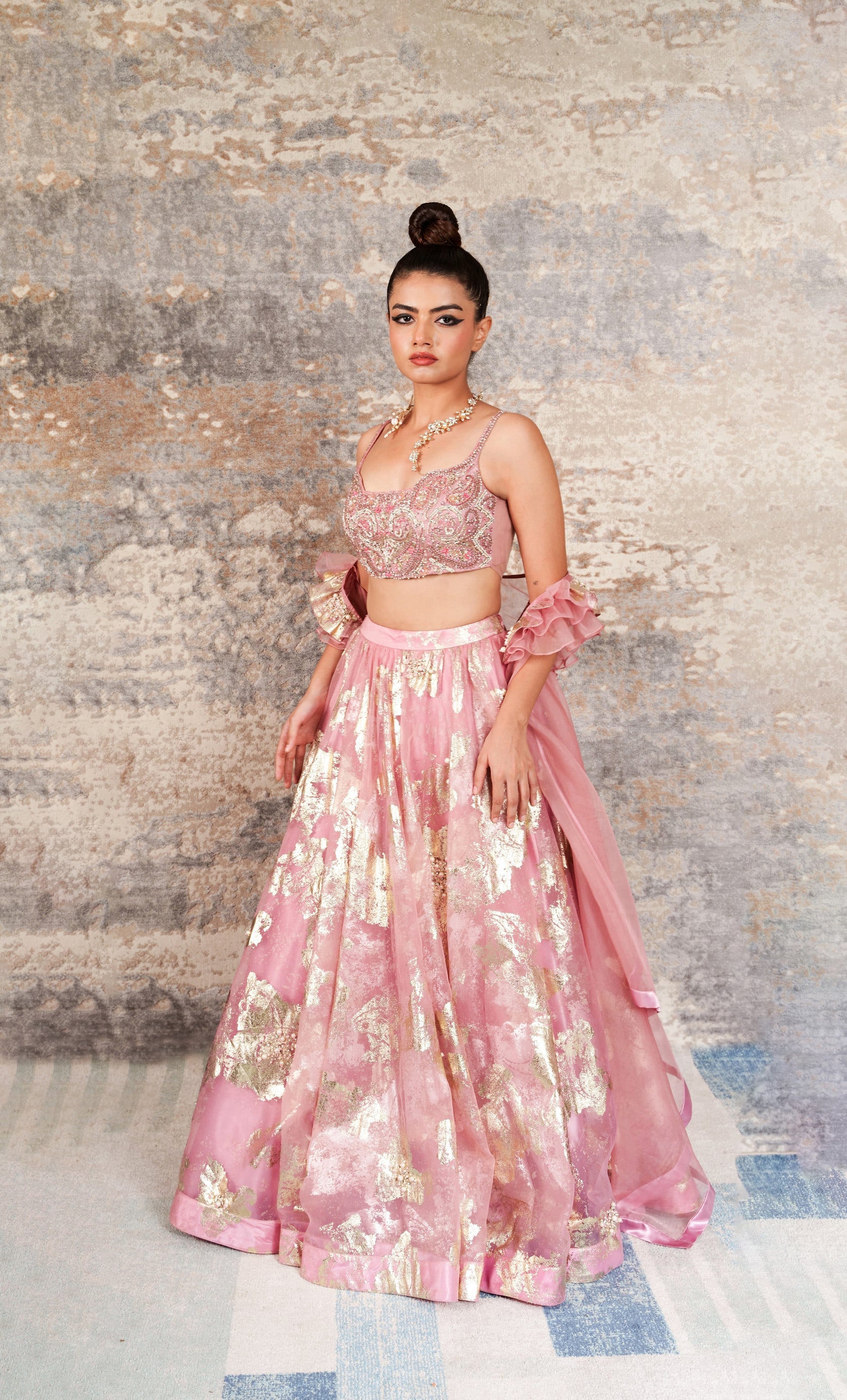 Charm Pink Intricate Hand Embroidered Lehenga With Overcoat