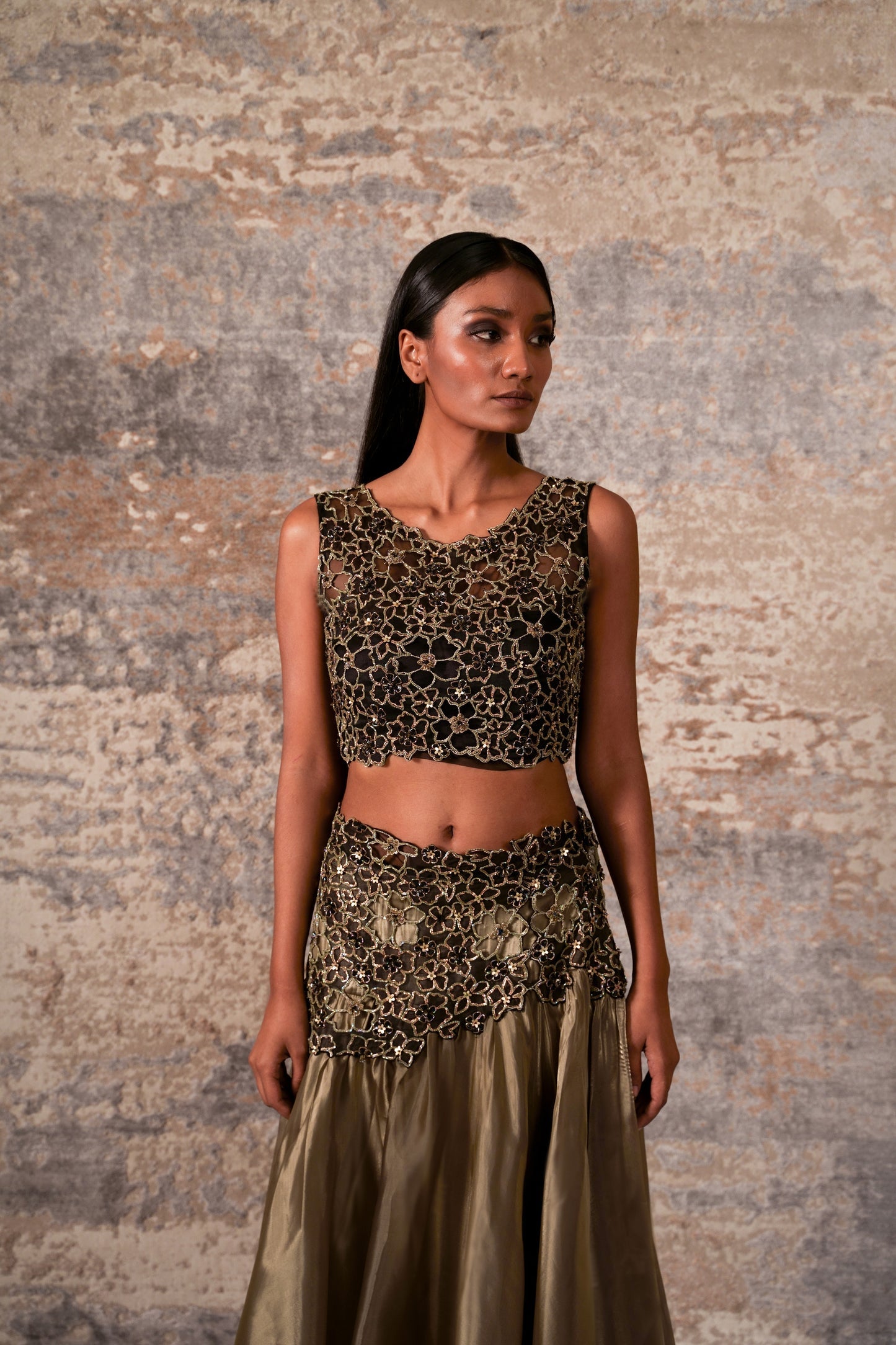 Traksh-Nakshatra Dusty Brown Mettalic Organza High Low Crop Top And Skirt Set