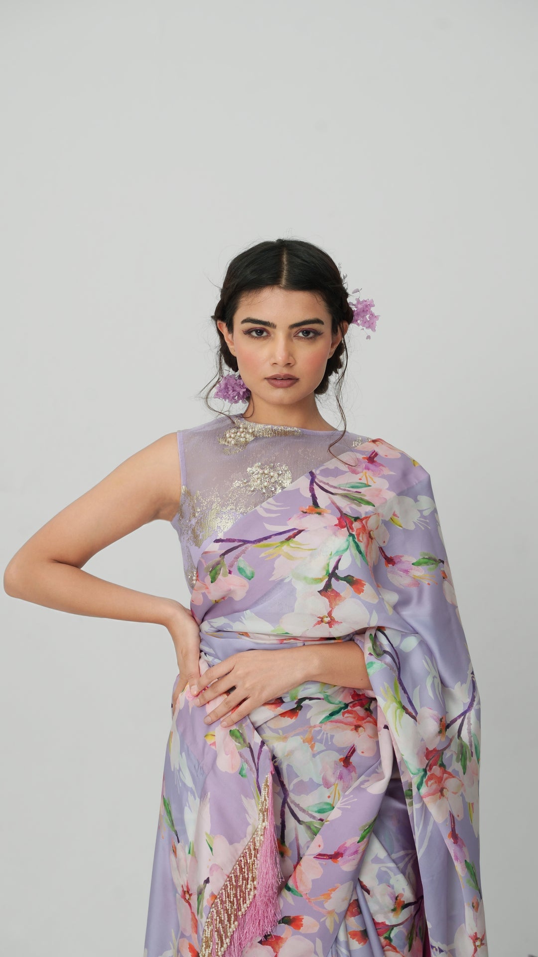 Lilium-Nakshatra Lilac Saree With Baby Pink Spaghetti Blouse