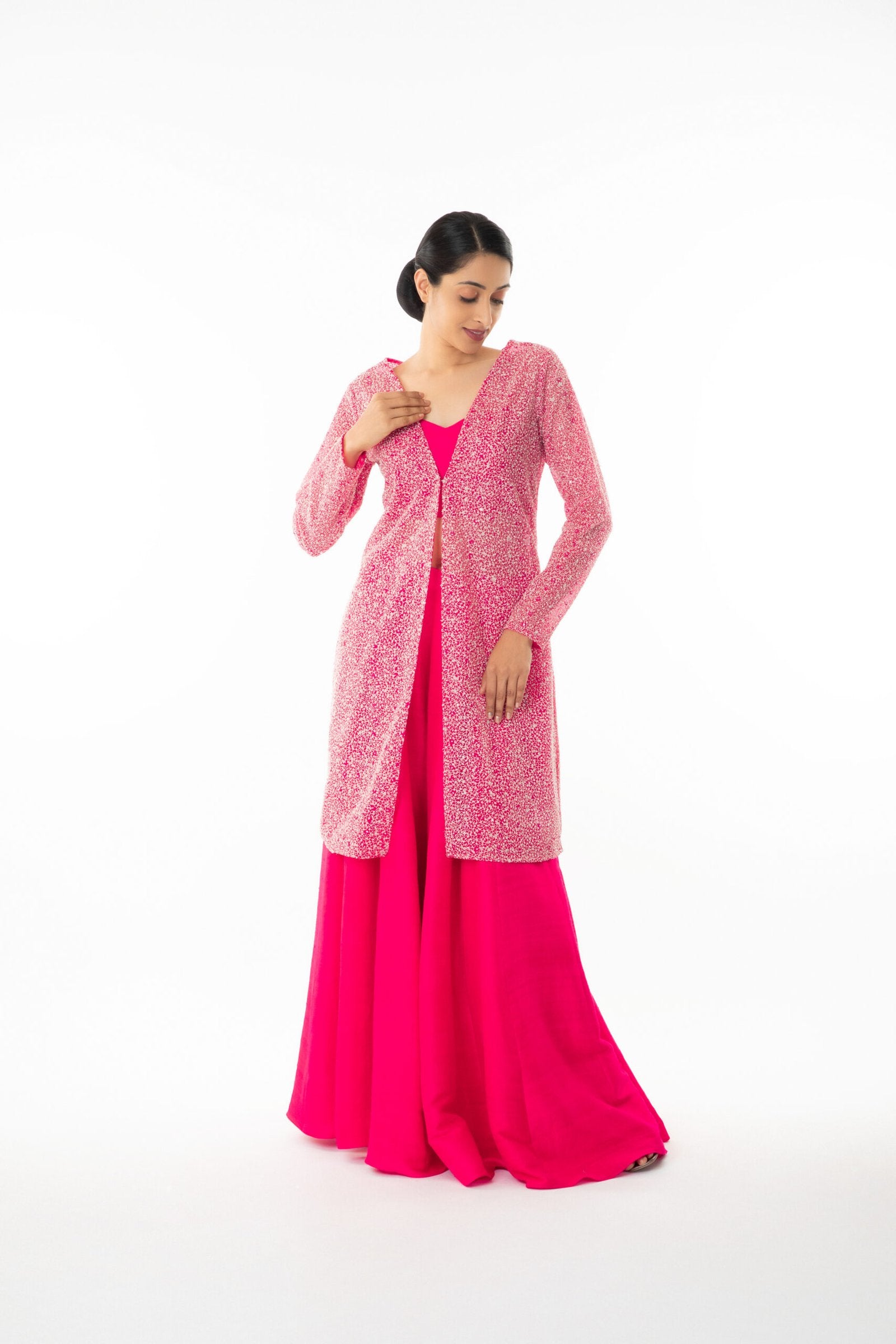 CY Kavita Agarwal Fuchsia Fantasy Long Jacket Ensemble Front 1