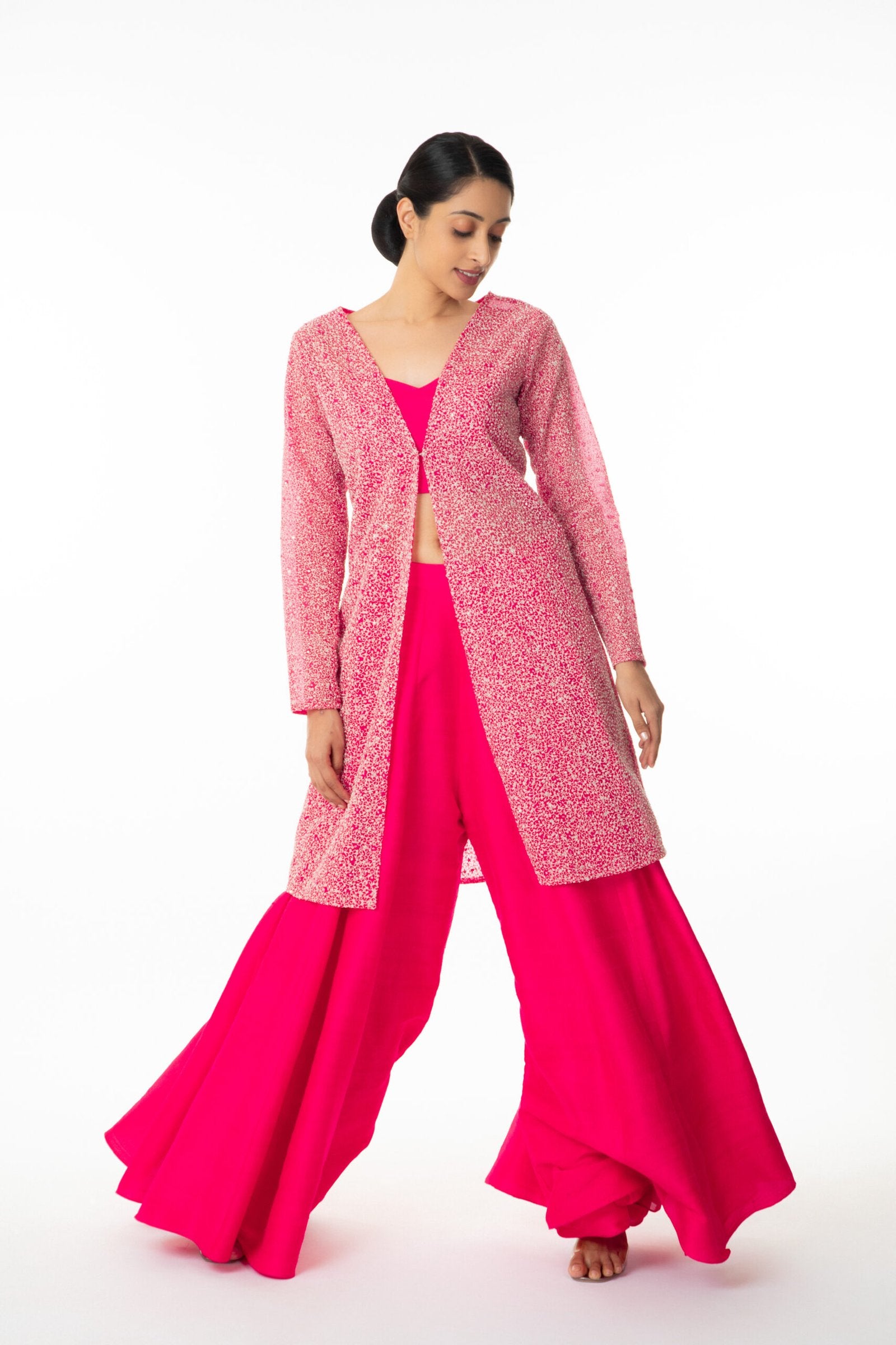 CY Kavita Agarwal Fuchsia Fantasy Long Jacket Ensemble Front 2