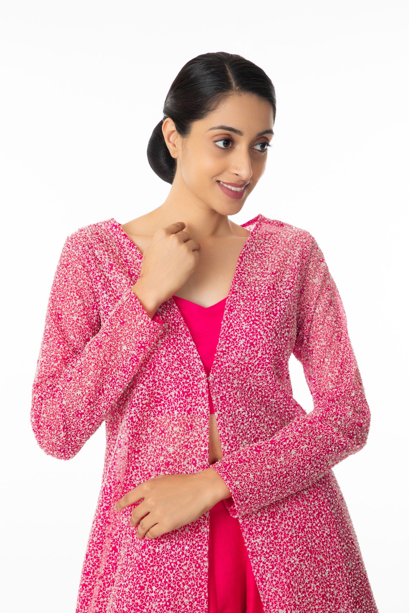 CY Kavita Agarwal Fuchsia Fantasy Long Jacket Ensemble Closeup 1