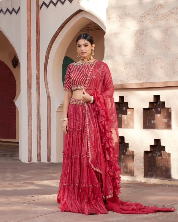 Red embroidered shimmer layered Lehenga set