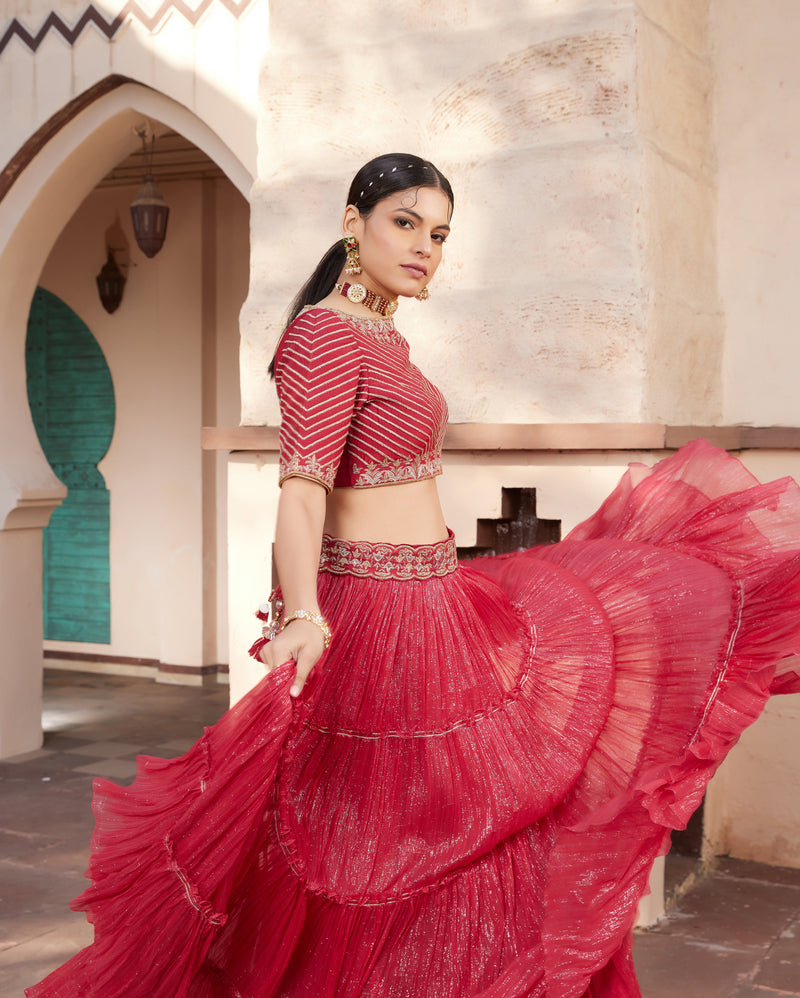 Red embroidered shimmer layered Lehenga set