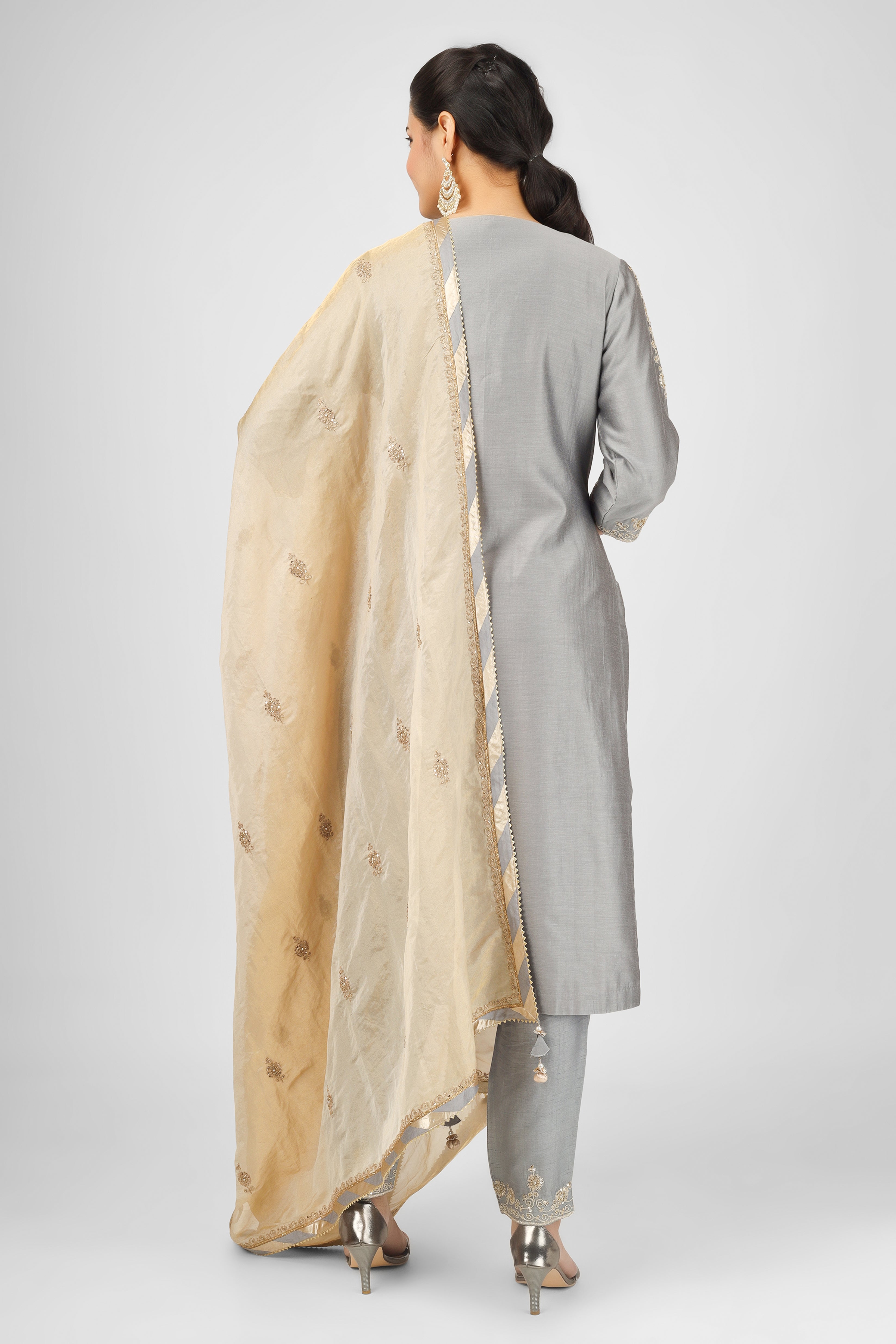 Grey Embroidered Silk Chanderi Kurta Suit Set