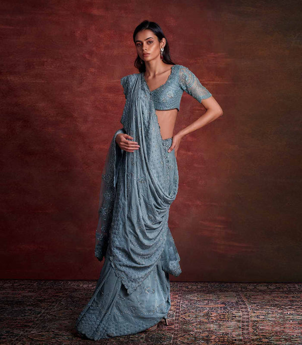 Teal Blue Embroidered Saree Set
