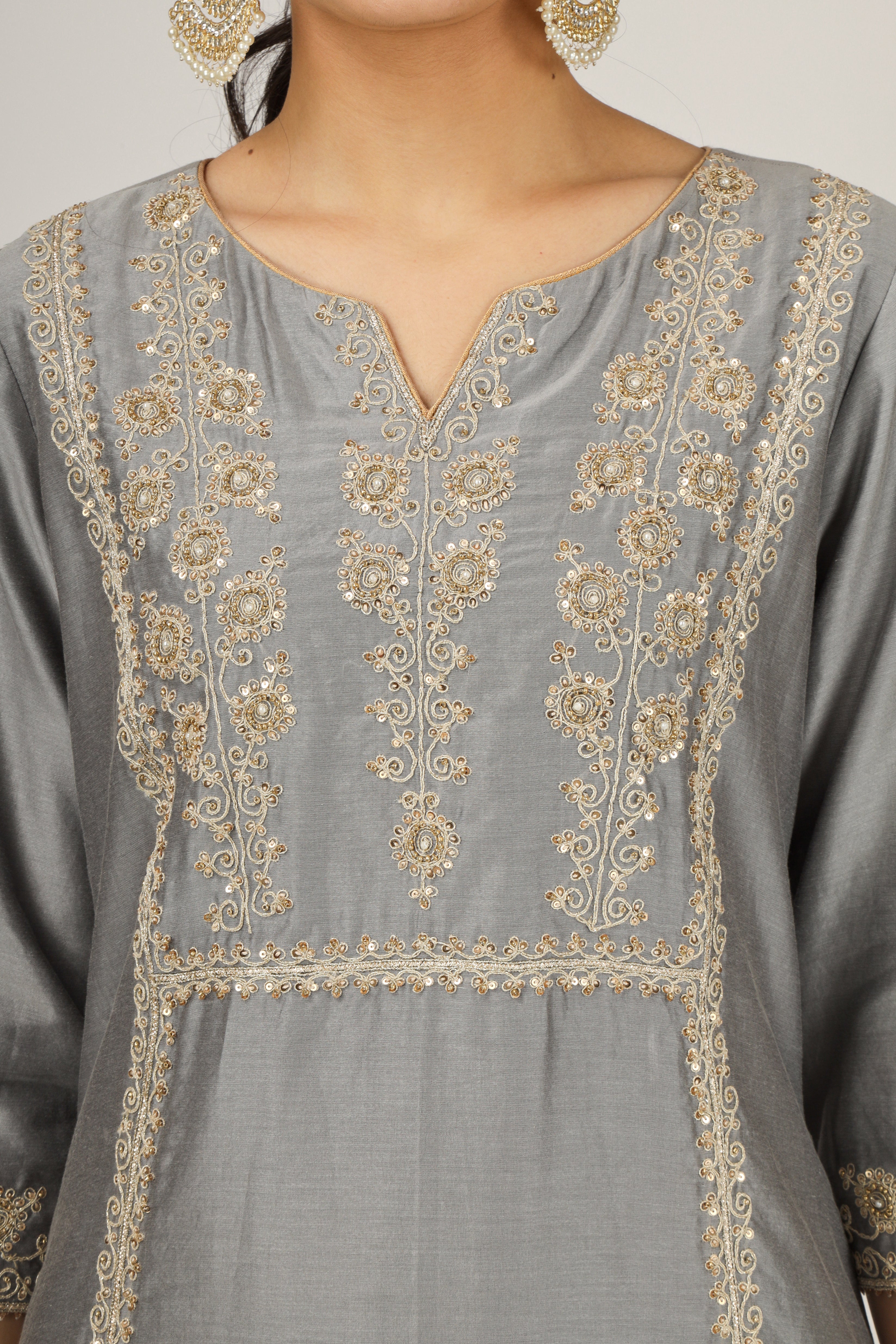 Grey Embroidered Silk Chanderi Kurta Suit Set