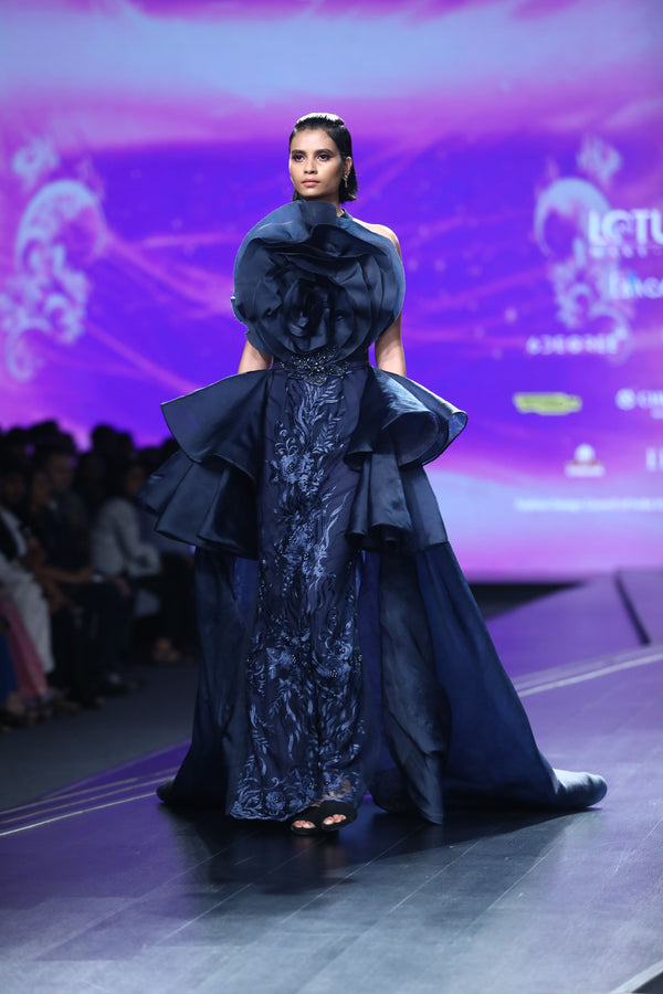 Amit GT - Midnight blue rose draped lace gown 