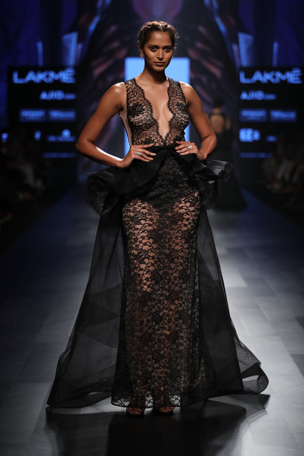 Amit GT - Black lace gown with peplum