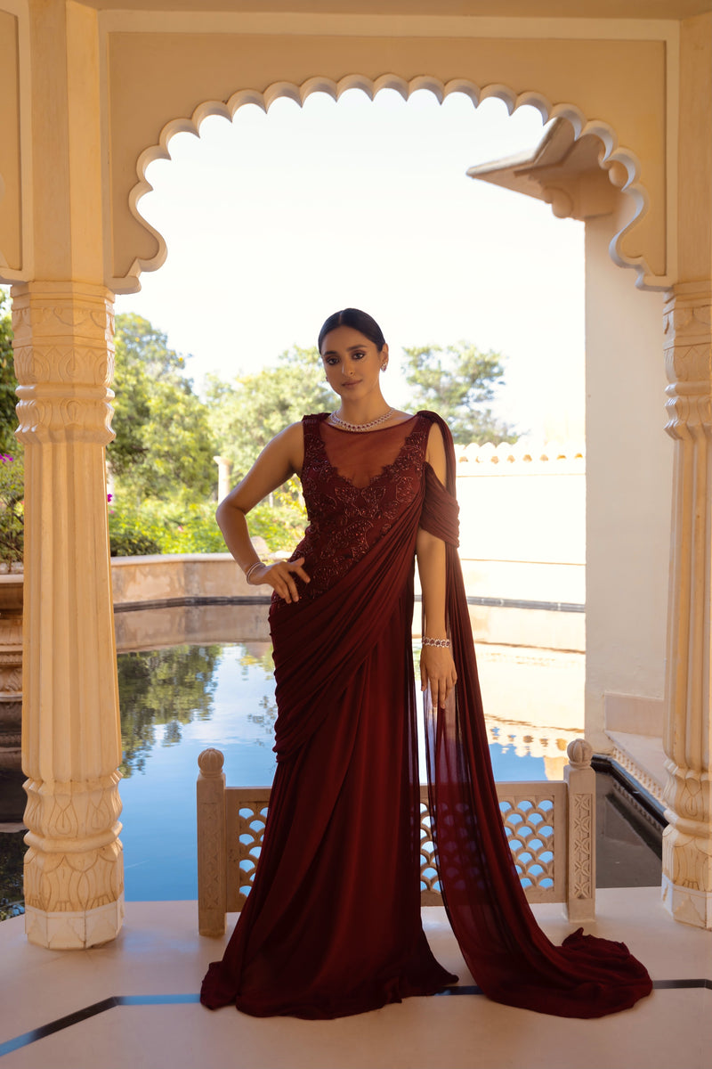Amit GT - Cranberry Scintilla Saree Gown