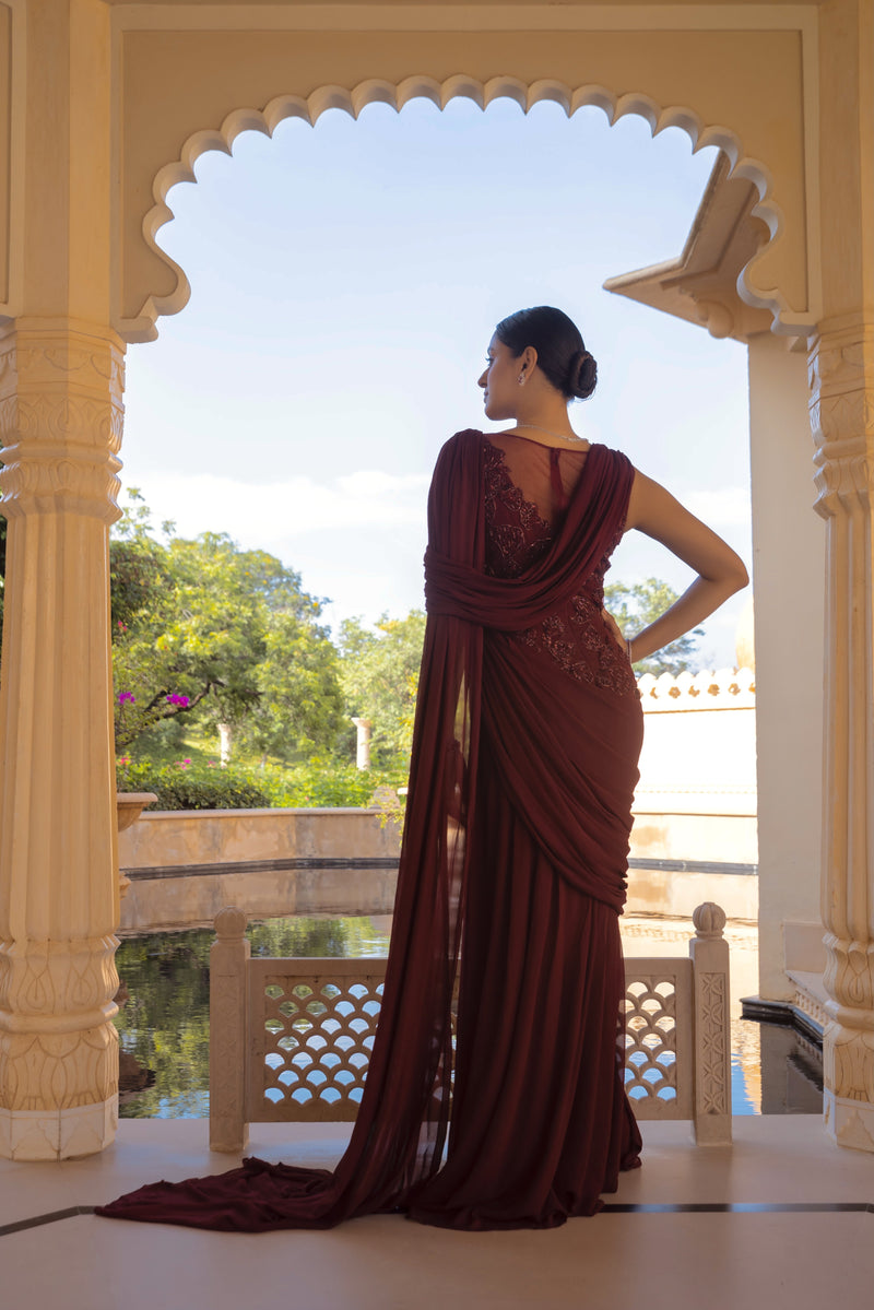 Amit GT - Cranberry Scintilla Saree Gown