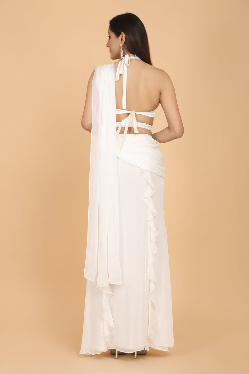 Amit GT - White Draped Concept Saree Gown