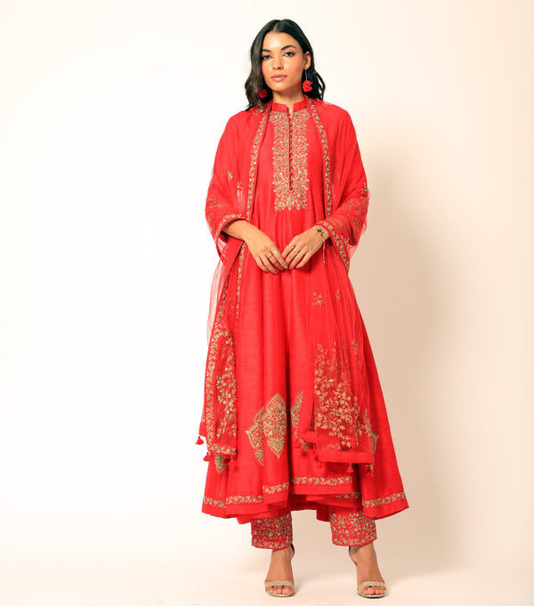 Romaa - Red Embroidered Anarkali Set