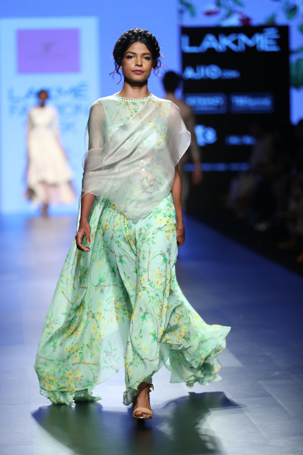 Anushree Reddy - Sea green floral chiffon draped gown