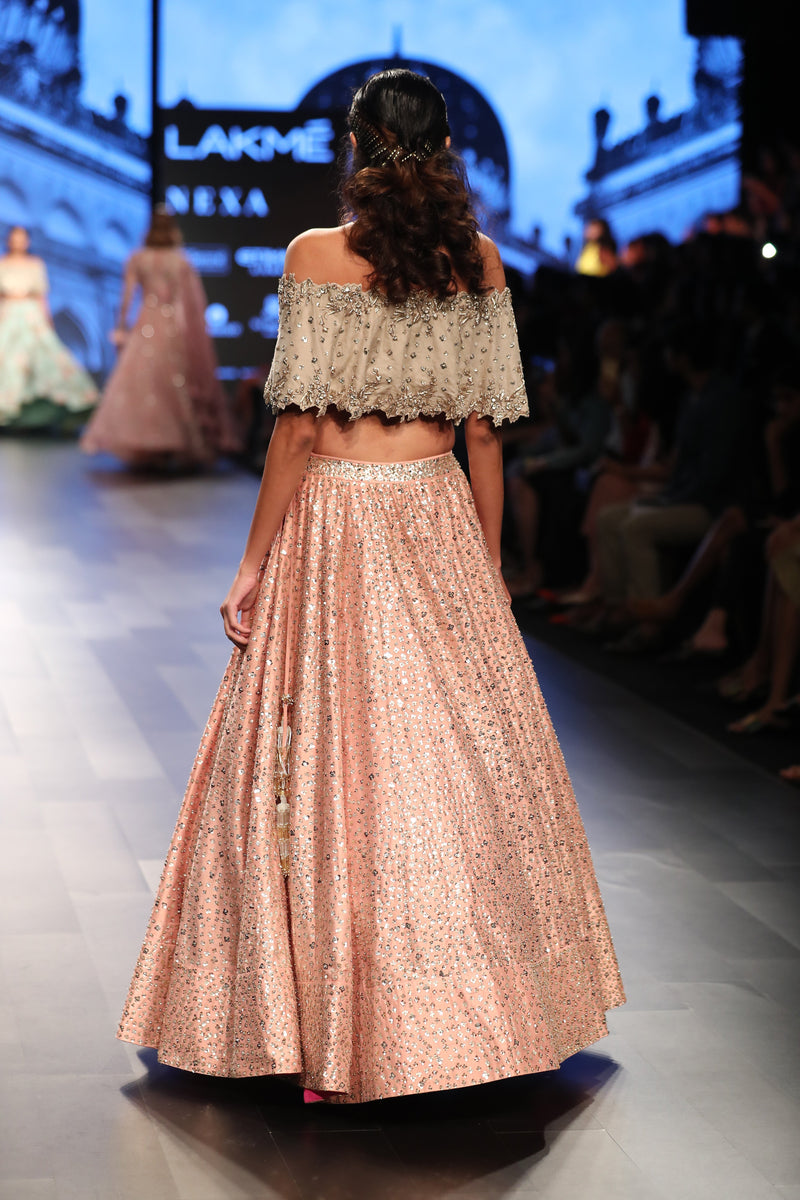 Dubai Wedding With A Stunning Mirror Work Pink Lehenga With An Off-Shoulder  Blouse - Witty Vows %