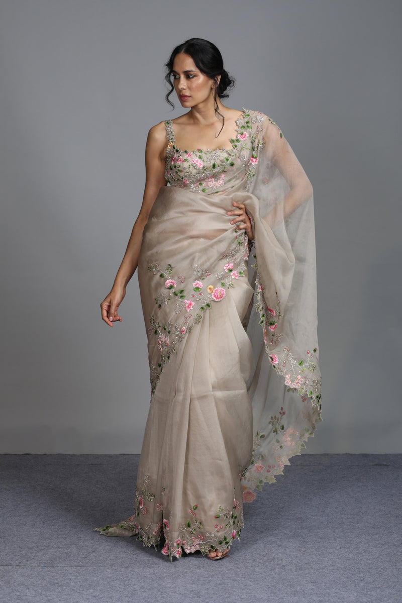 Ivory Organza Foil Saree – Estie Couture