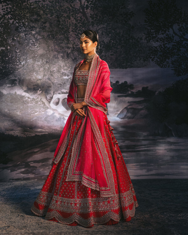 Anushree Reddy - Tara - Flame Red Embroidered Lehenga Set