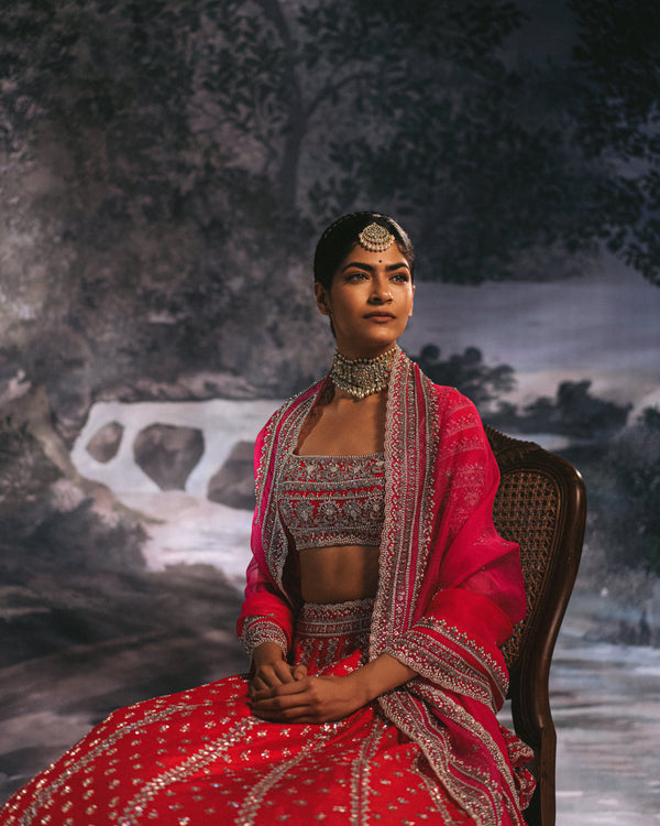 Anushree Reddy - Tara - Flame Red Embroidered Lehenga Set