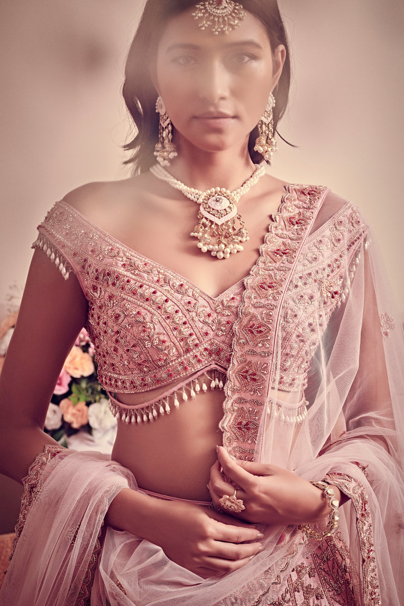Bindani by Jigar & Nikita - Blush Pink Hand Embroidered Lehenga Set