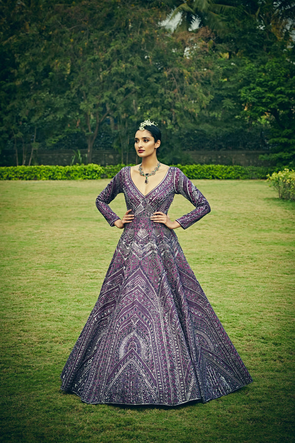 Bindani by Jigar & Nikita - Hand Embroidered Ultra Voilet Gown