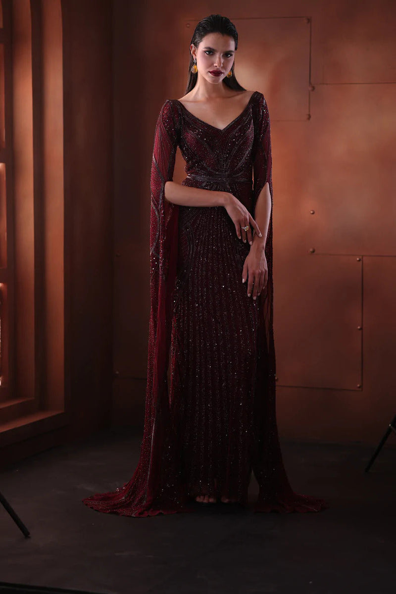 Bhawna Rao - Hand Embroidered Burgandy Sleeves Gown