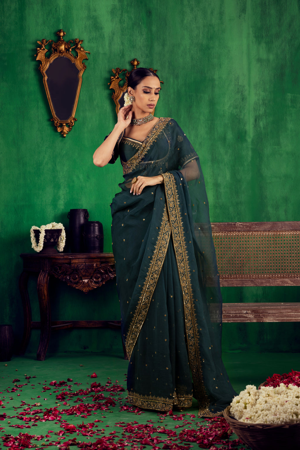 Silk Saree In Bottle Green Colour With Stone Work For Party