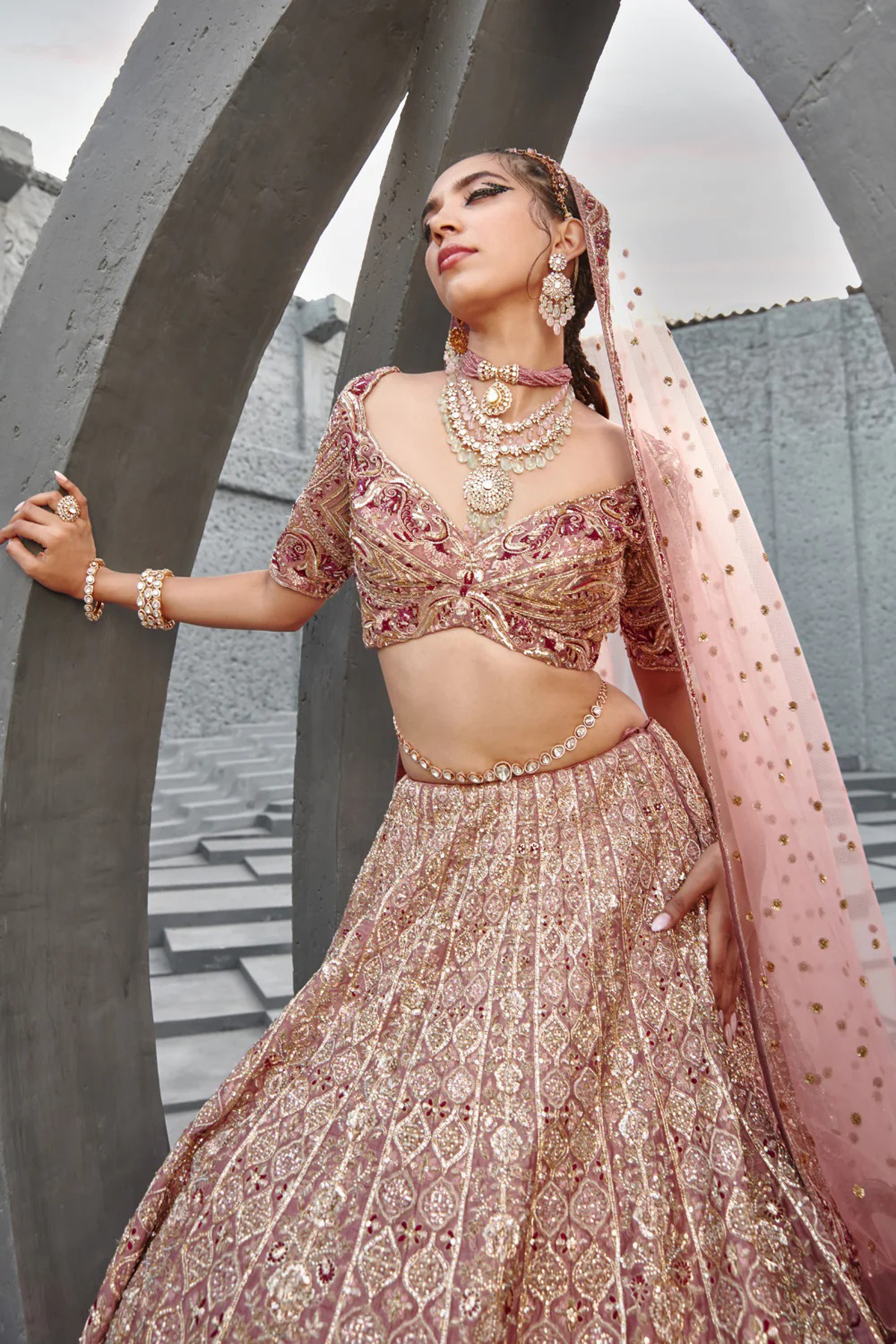 Jigar Mali - Aurora Pink Wine Heavy Bridal Set