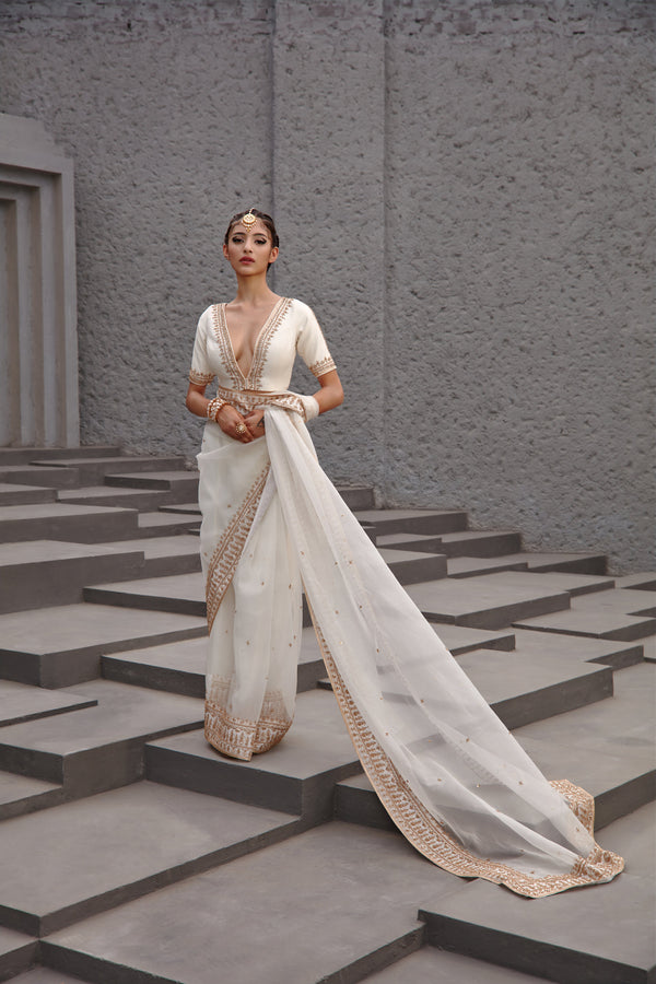 Jigar Mali - Pearl White Embroidered Saree Set