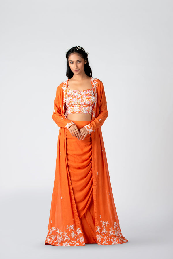 Suruchi Parakh - Burning Orange Hand Embroidered Jacket Set