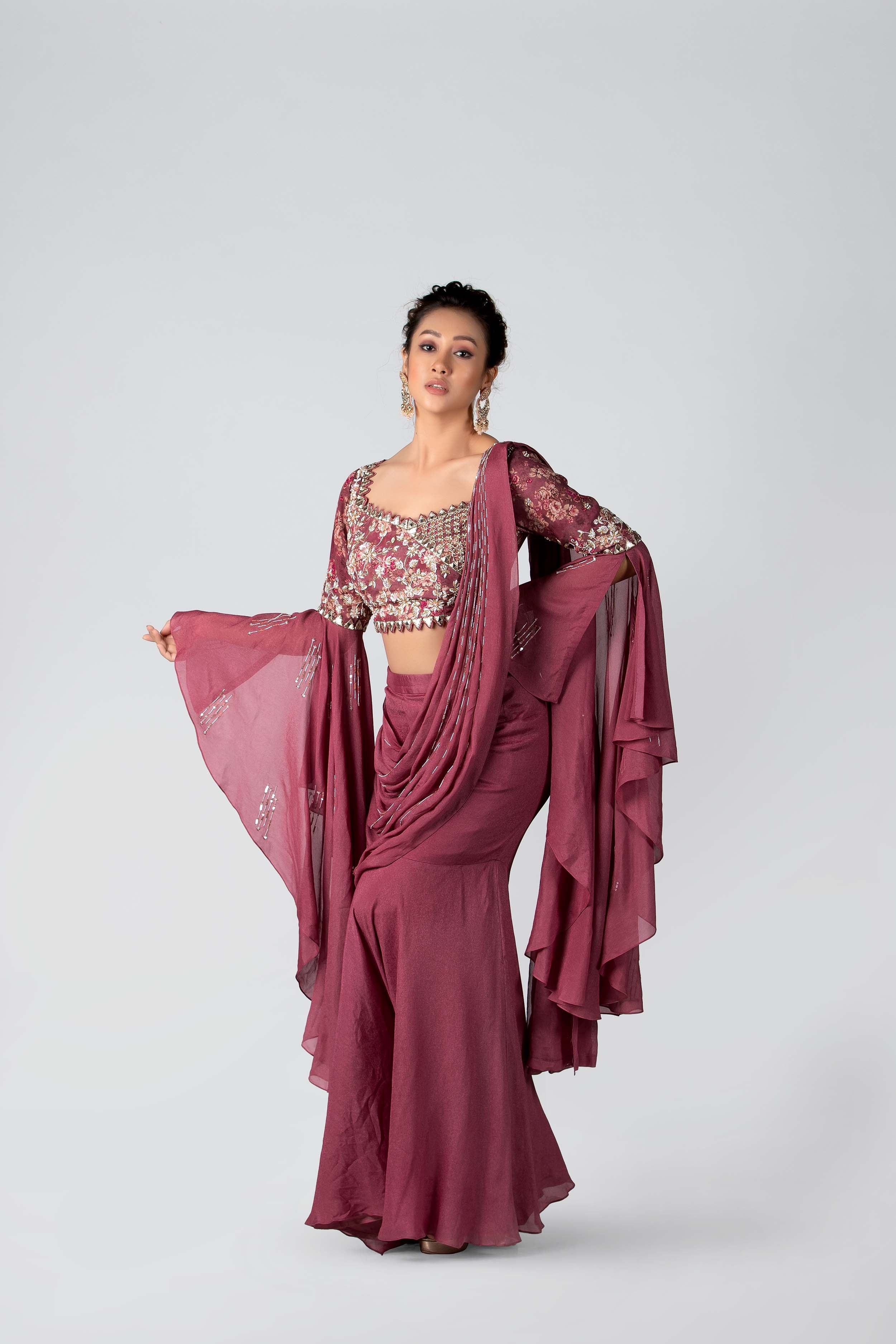 Suruchi Parakh - Cherry Pink Hand Embroidered Pre-Draped Saree Set