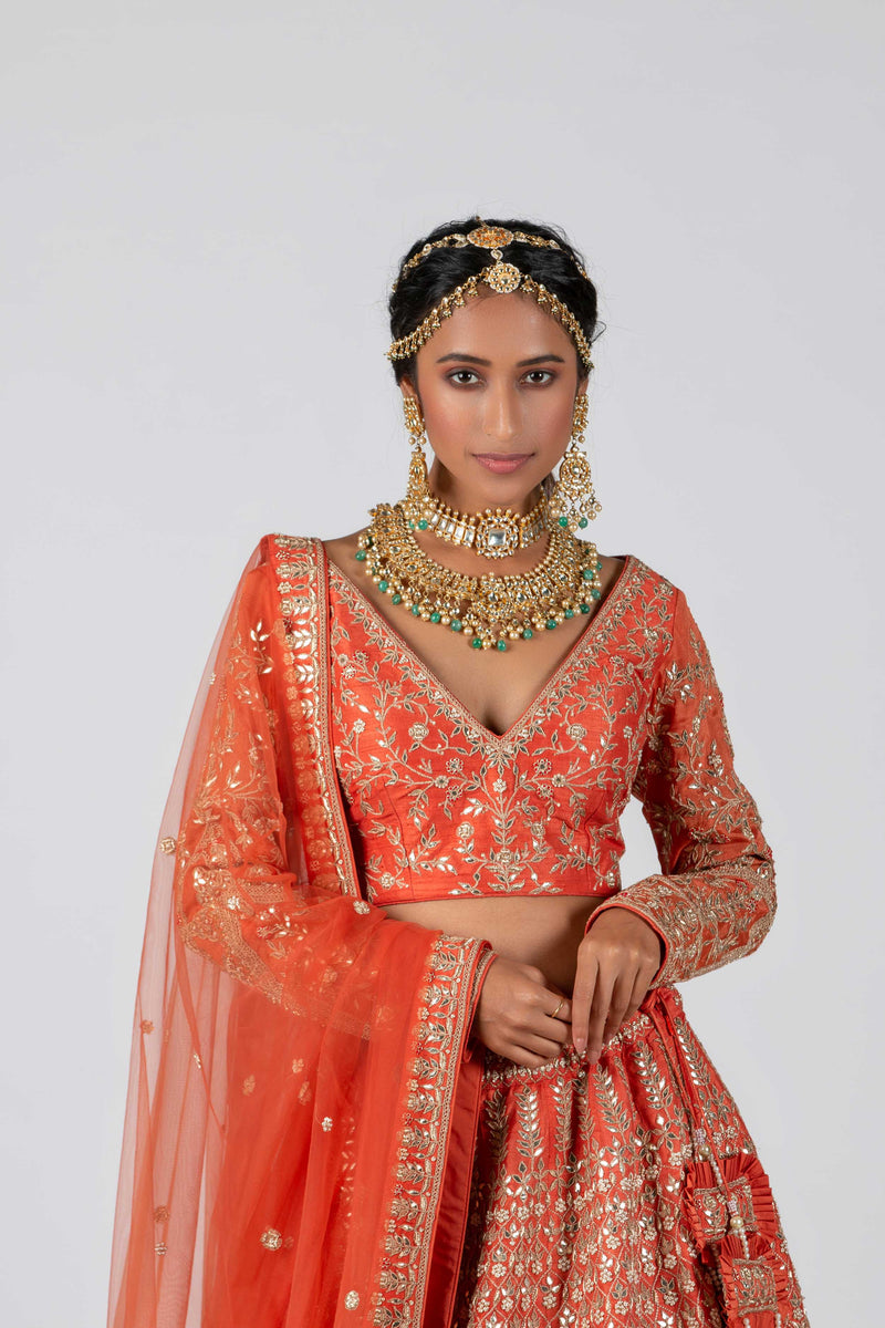 Rust Orange Bridal Lehenga Set With Floral Work Design by Suruchi Parakh at  Pernia's Pop Up Shop 2024