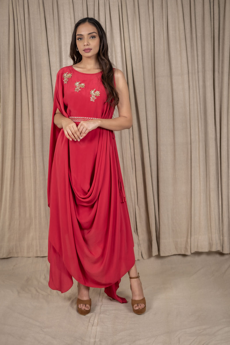 Varsana By Vandana Jaju & Aditi Jaju - Uneven Embroidered Draped Cowl Dress Set - Red