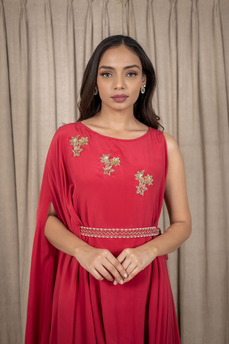 Varsana By Vandana Jaju & Aditi Jaju - Uneven Embroidered Draped Cowl Dress Set - Red