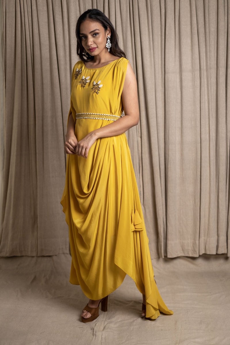 Varsana By Vandana Jaju & Aditi Jaju - Uneven Embroidered Draped Cowl Dress Set - Yellow