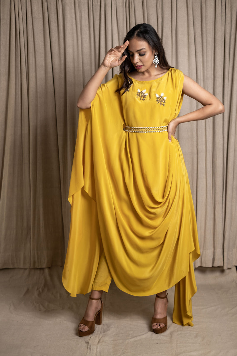Varsana By Vandana Jaju & Aditi Jaju - Uneven Embroidered Draped Cowl Dress Set - Yellow